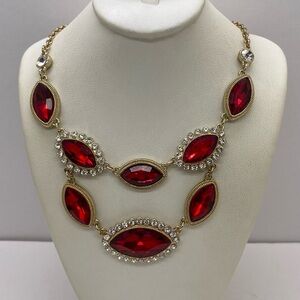 Vintage Monet Red White Crystal Cluster Bib Necklace